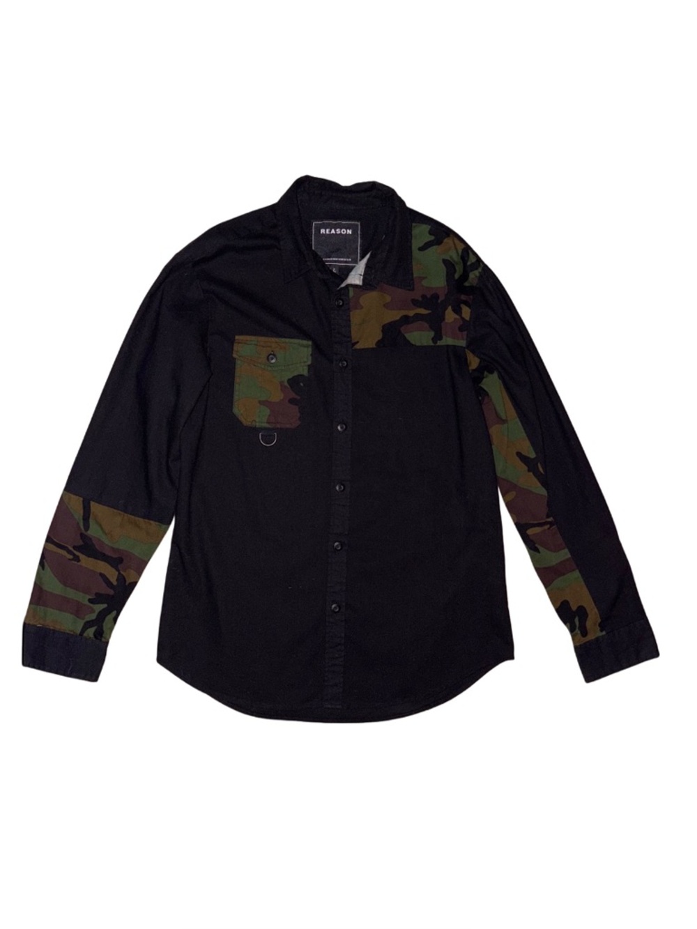 Reason Black Button-Up Shirt with Green Camo Accents
